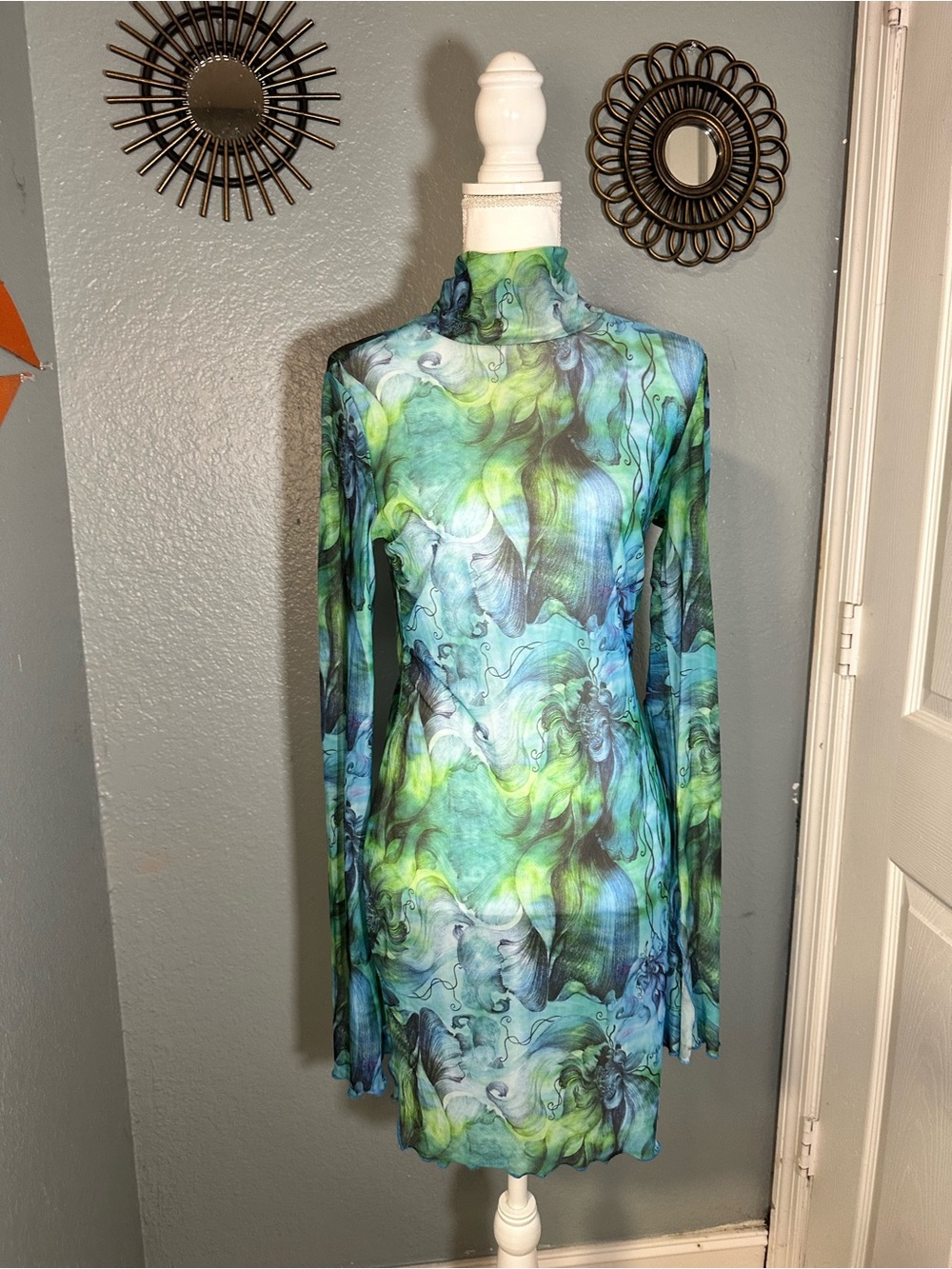 SHEIN Green and Blue Marble-Print Mini Dress